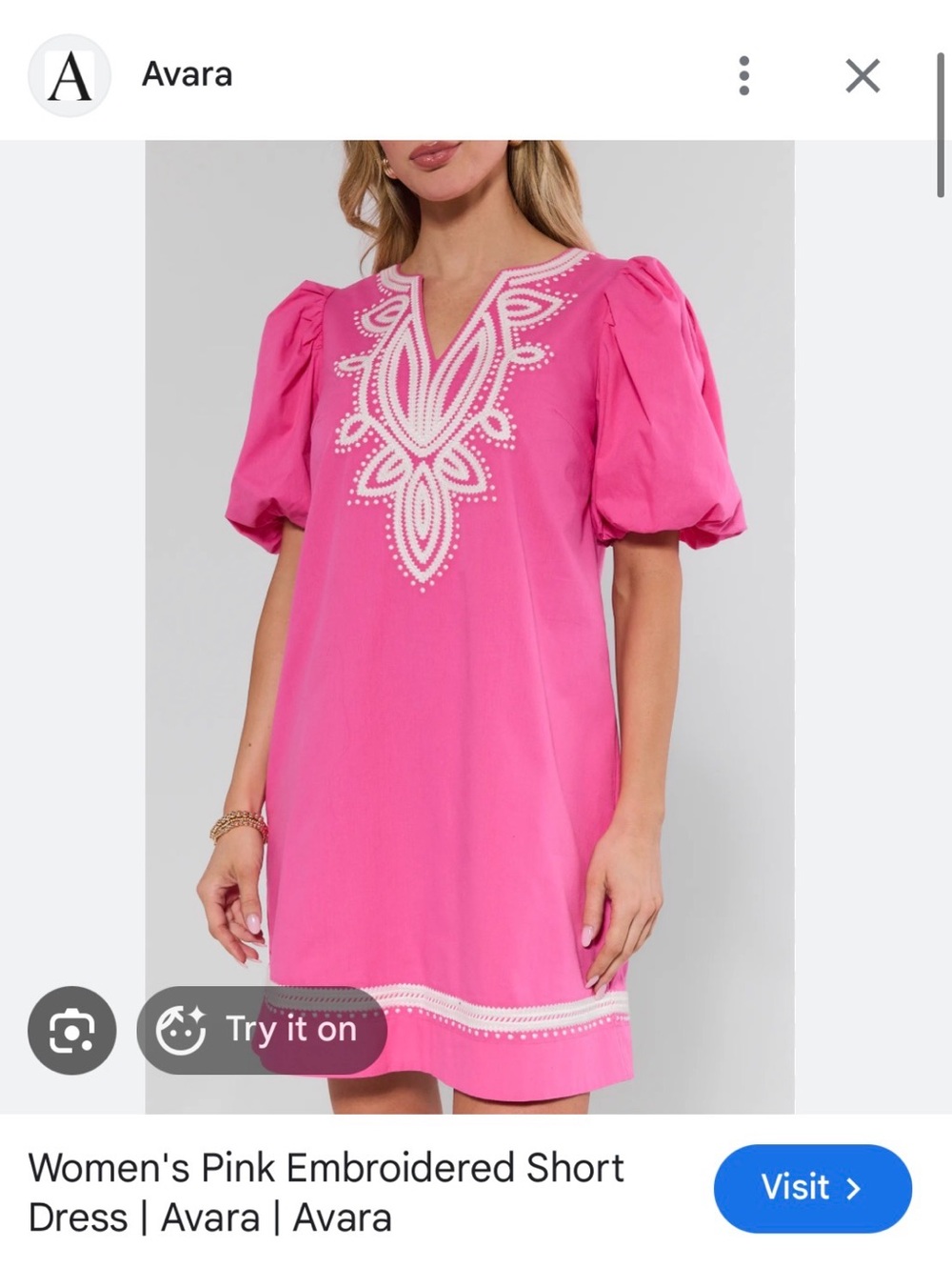 Avara Pink Embroidered Mini Dress with Puff Sleeves